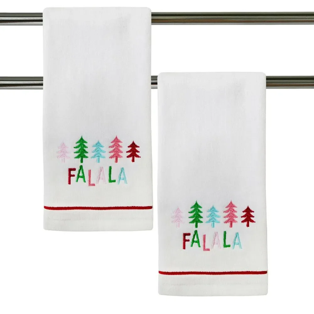 Fa La La Christmas Tree Hand Towels White Holiday Winter Embroidered Set of 2